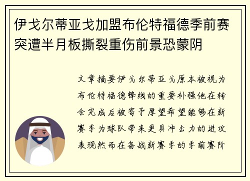 伊戈尔蒂亚戈加盟布伦特福德季前赛突遭半月板撕裂重伤前景恐蒙阴 伊戈尔蒂亚戈加盟布伦特福德季前赛突遭半月板撕裂重伤前景恐蒙阴
